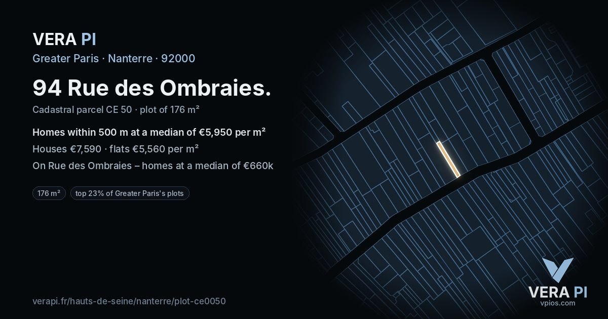 94 Rue des Ombraies, Nanterre at night – the plot lit, the parcels around coloured by the prices near them