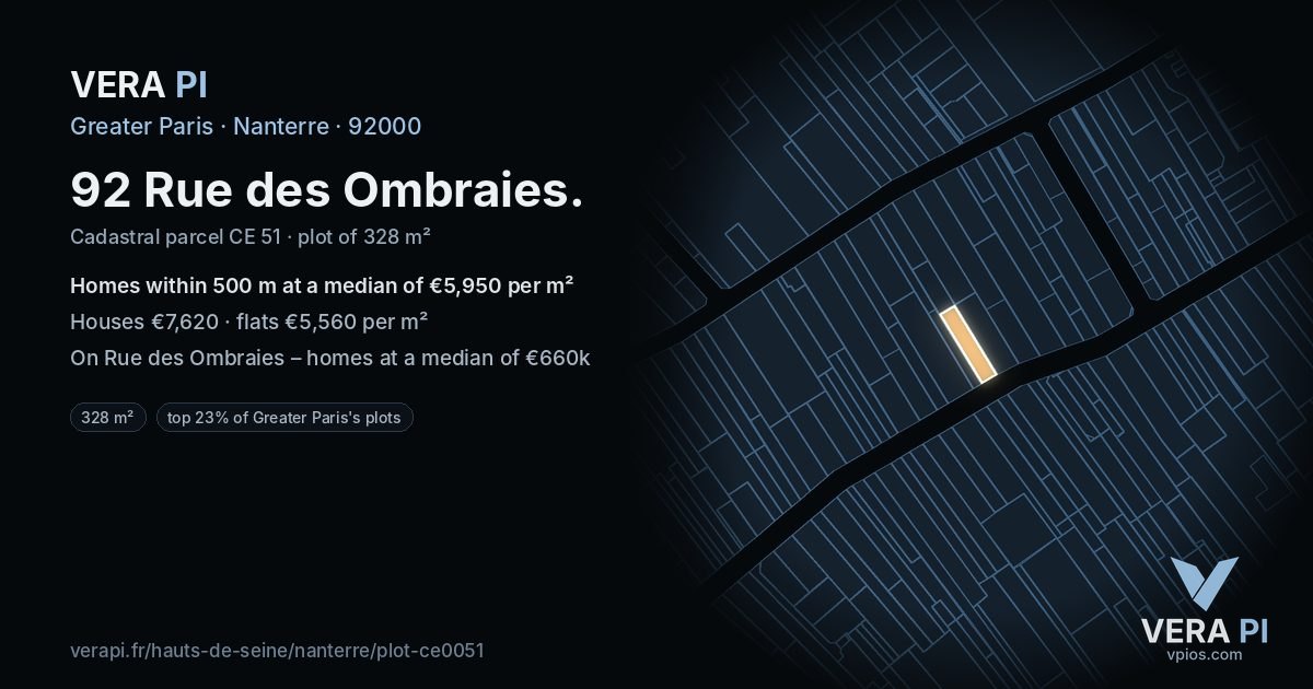 92 Rue des Ombraies, Nanterre at night – the plot lit, the parcels around coloured by the prices near them