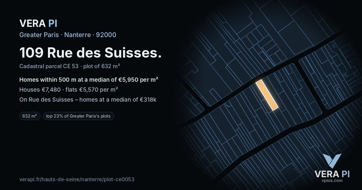109 Rue des Suisses, Nanterre at night – the plot lit, the parcels around coloured by the prices near them