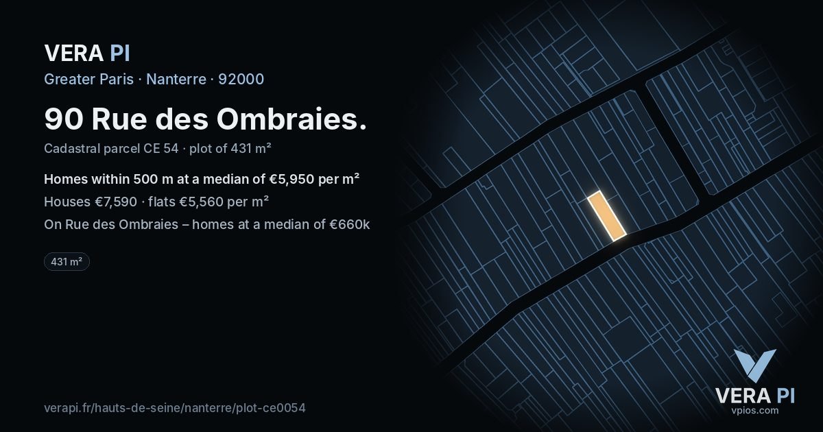 90 Rue des Ombraies, Nanterre at night – the plot lit, the parcels around coloured by the prices near them