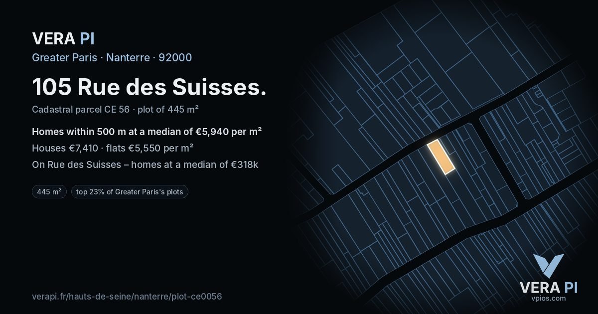 105 Rue des Suisses, Nanterre at night – the plot lit, the parcels around coloured by the prices near them