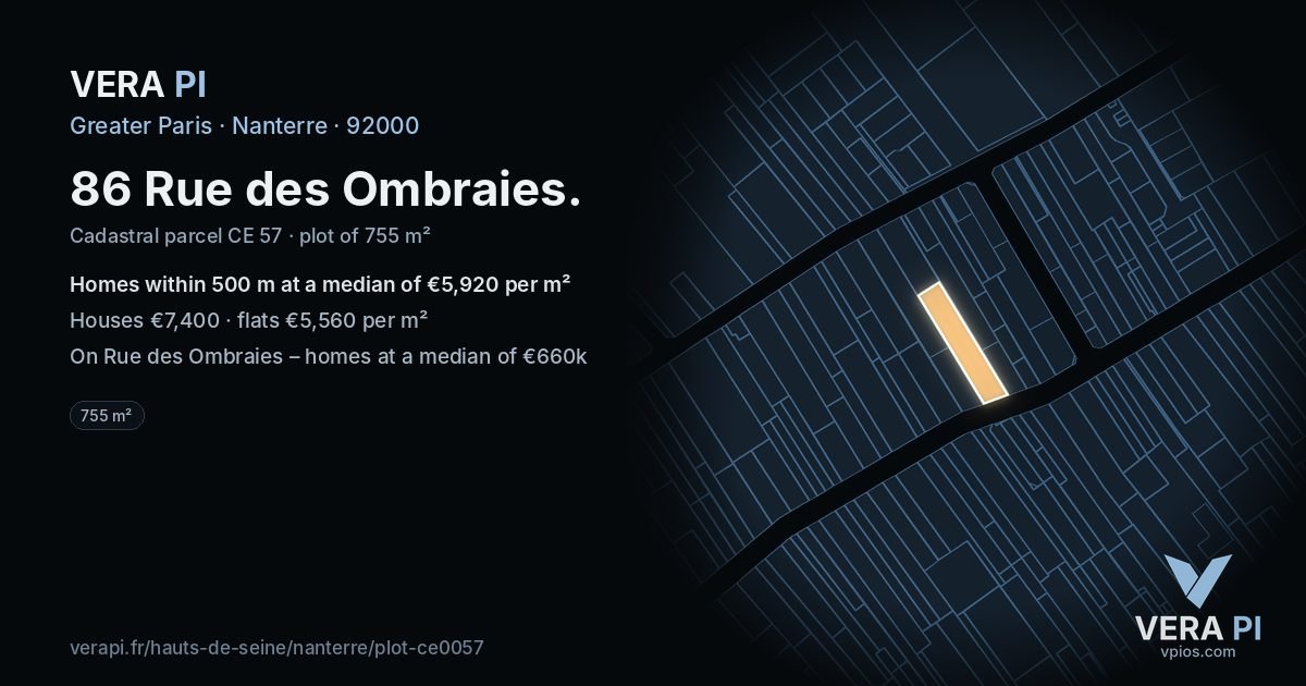 86 Rue des Ombraies, Nanterre at night – the plot lit, the parcels around coloured by the prices near them