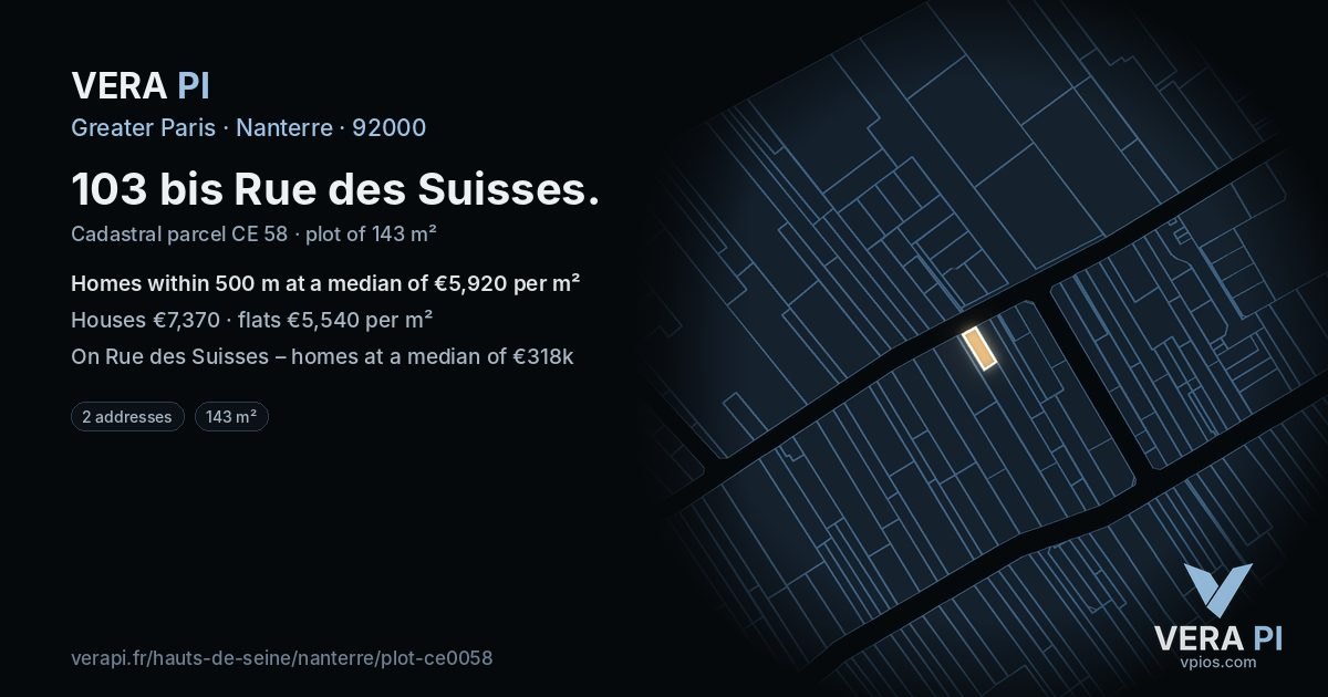 103 bis Rue des Suisses, Nanterre at night – the plot lit, the parcels around coloured by the prices near them
