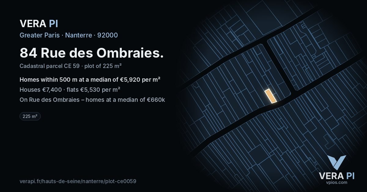 84 Rue des Ombraies, Nanterre at night – the plot lit, the parcels around coloured by the prices near them