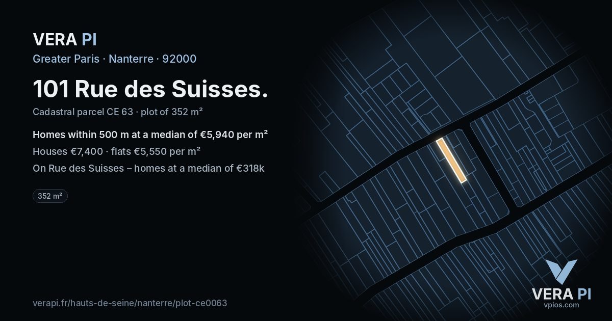 101 Rue des Suisses, Nanterre at night – the plot lit, the parcels around coloured by the prices near them