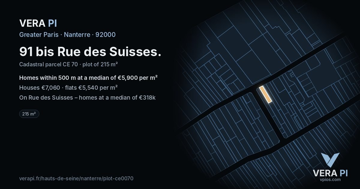 91 bis Rue des Suisses, Nanterre at night – the plot lit, the parcels around coloured by the prices near them