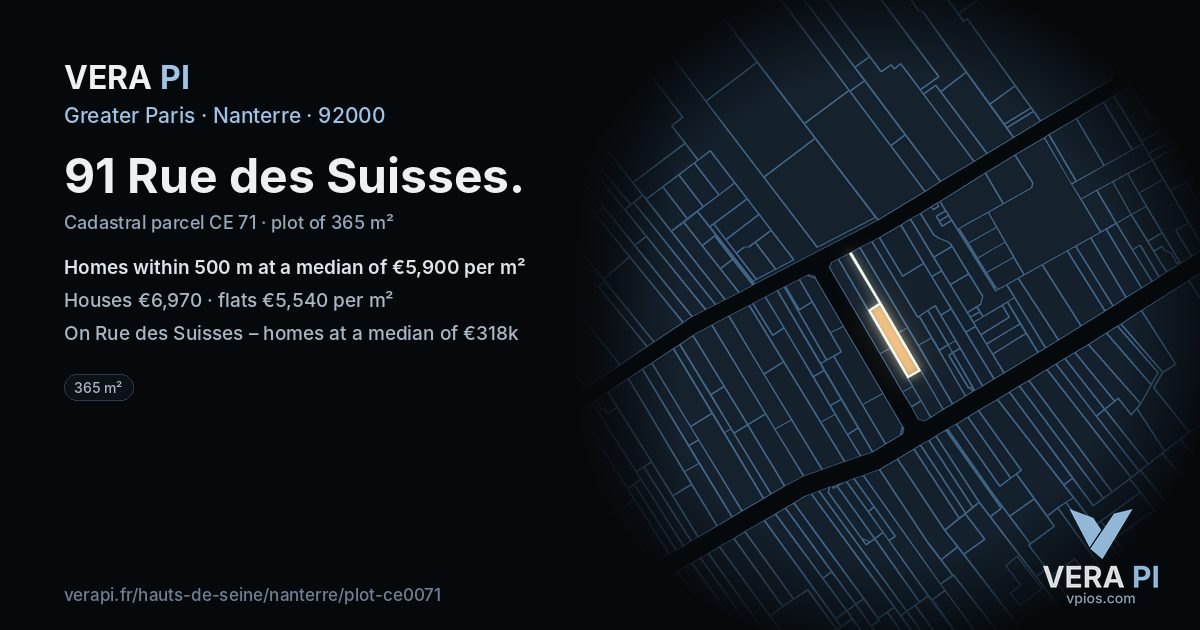 91 Rue des Suisses, Nanterre at night – the plot lit, the parcels around coloured by the prices near them