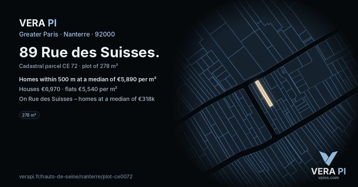 89 Rue des Suisses, Nanterre at night – the plot lit, the parcels around coloured by the prices near them