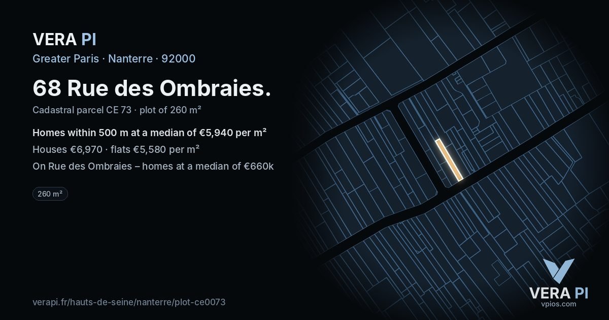 68 Rue des Ombraies, Nanterre at night – the plot lit, the parcels around coloured by the prices near them