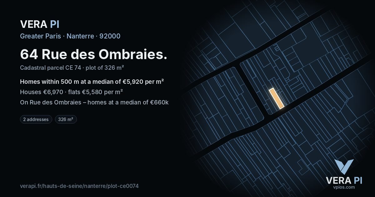 64 Rue des Ombraies, Nanterre at night – the plot lit, the parcels around coloured by the prices near them