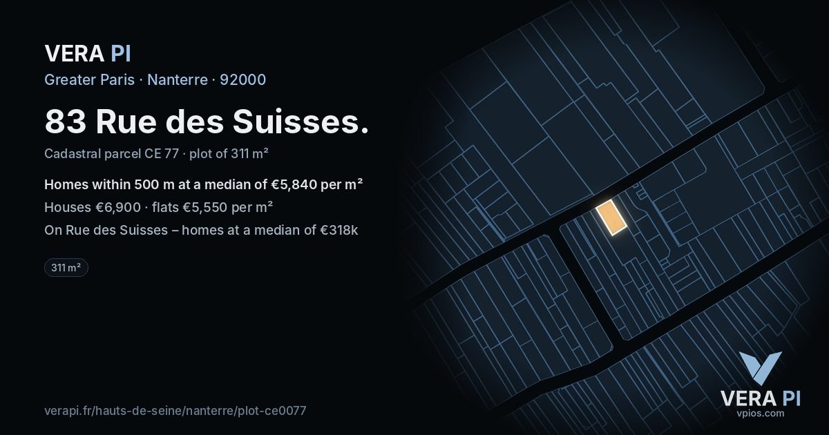 83 Rue des Suisses, Nanterre at night – the plot lit, the parcels around coloured by the prices near them