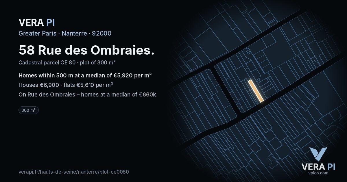 58 Rue des Ombraies, Nanterre at night – the plot lit, the parcels around coloured by the prices near them