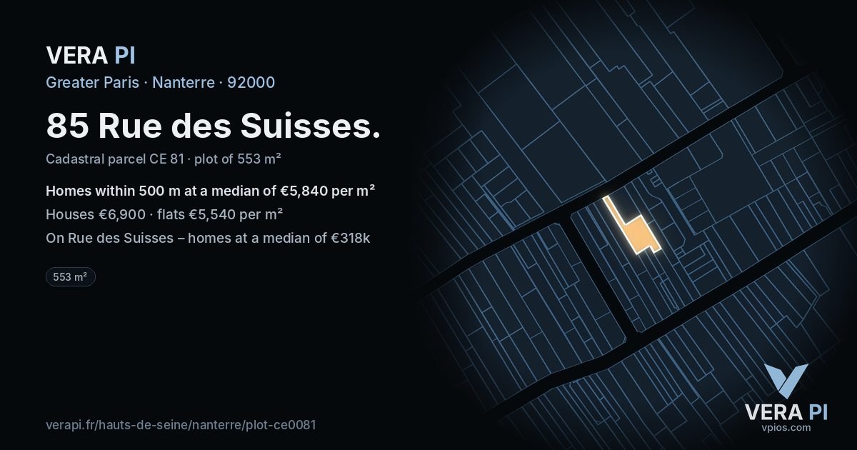 85 Rue des Suisses, Nanterre at night – the plot lit, the parcels around coloured by the prices near them