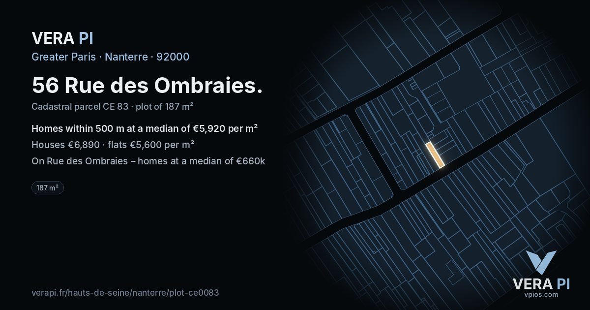56 Rue des Ombraies, Nanterre at night – the plot lit, the parcels around coloured by the prices near them