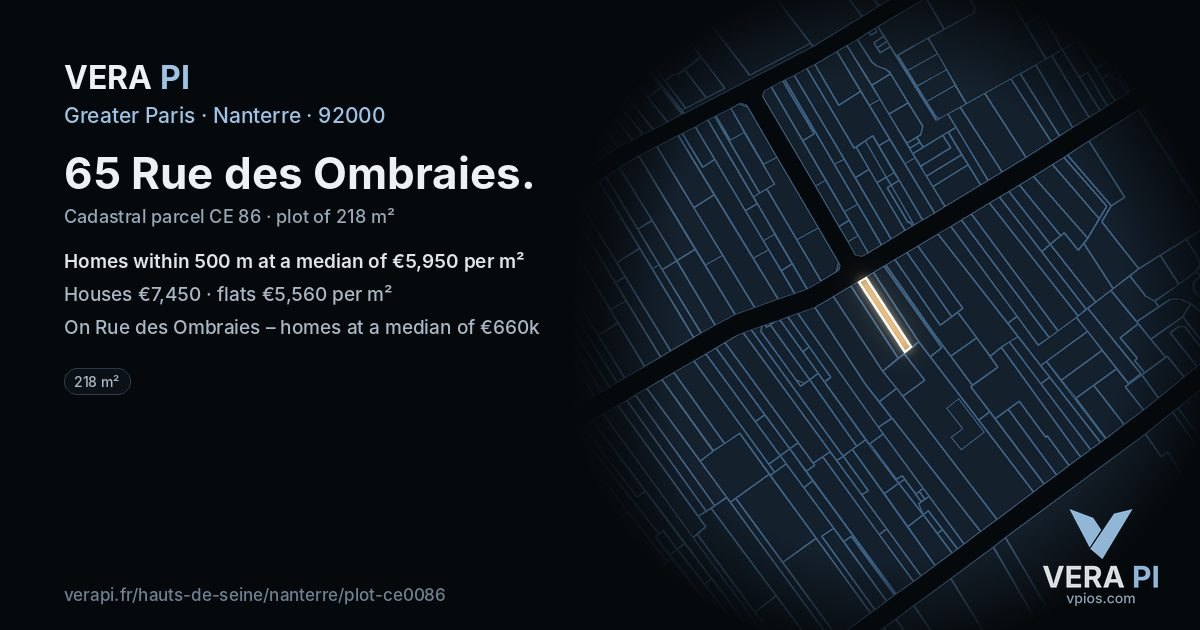 65 Rue des Ombraies, Nanterre at night – the plot lit, the parcels around coloured by the prices near them