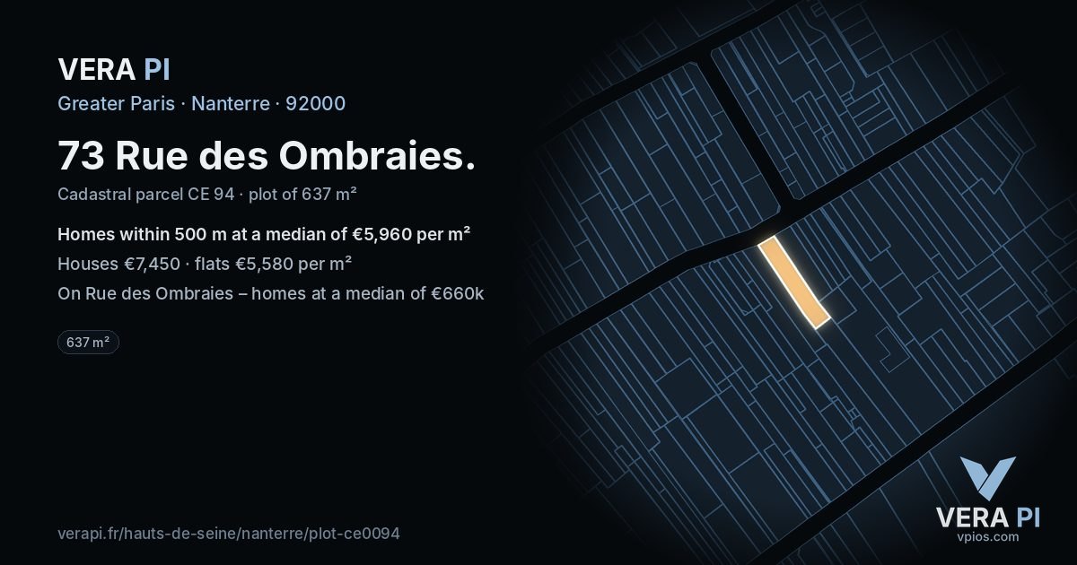 73 Rue des Ombraies, Nanterre at night – the plot lit, the parcels around coloured by the prices near them