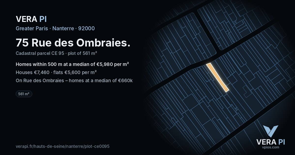 75 Rue des Ombraies, Nanterre at night – the plot lit, the parcels around coloured by the prices near them