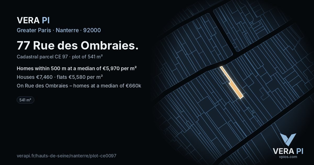 77 Rue des Ombraies, Nanterre at night – the plot lit, the parcels around coloured by the prices near them