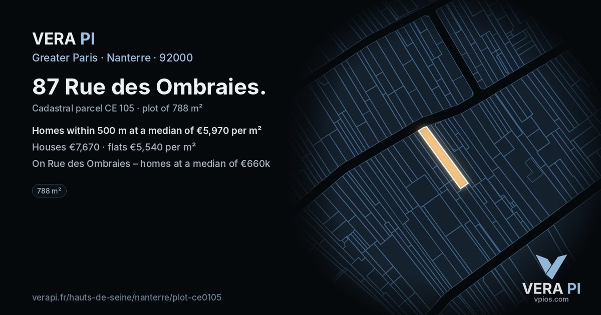 87 Rue des Ombraies, Nanterre at night – the plot lit, the parcels around coloured by the prices near them