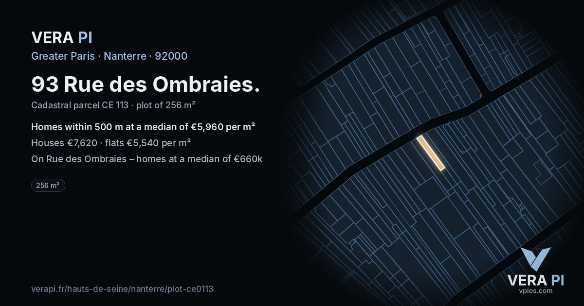 93 Rue des Ombraies, Nanterre at night – the plot lit, the parcels around coloured by the prices near them