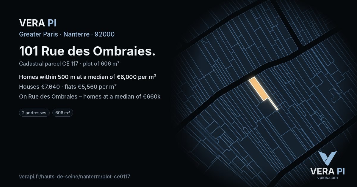 101 Rue des Ombraies, Nanterre at night – the plot lit, the parcels around coloured by the prices near them