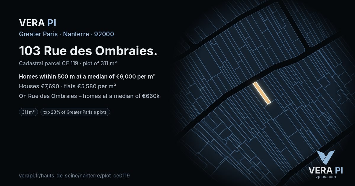 103 Rue des Ombraies, Nanterre at night – the plot lit, the parcels around coloured by the prices near them