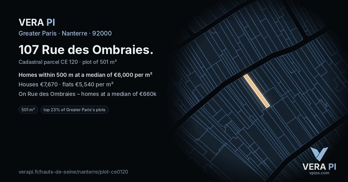 107 Rue des Ombraies, Nanterre at night – the plot lit, the parcels around coloured by the prices near them