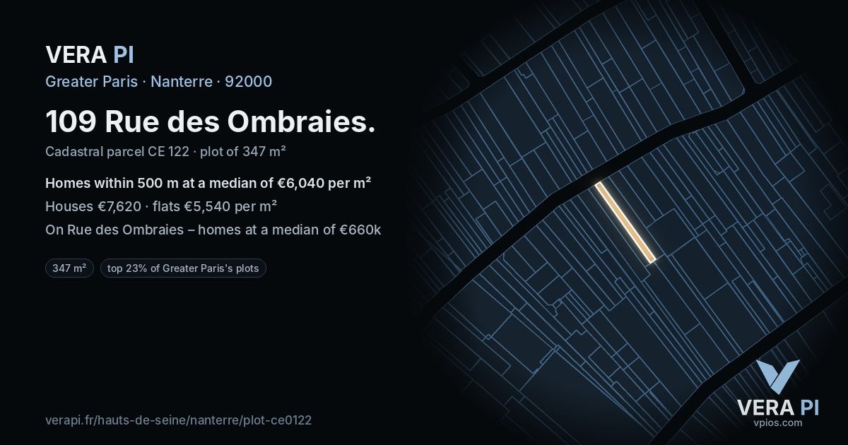 109 Rue des Ombraies, Nanterre at night – the plot lit, the parcels around coloured by the prices near them