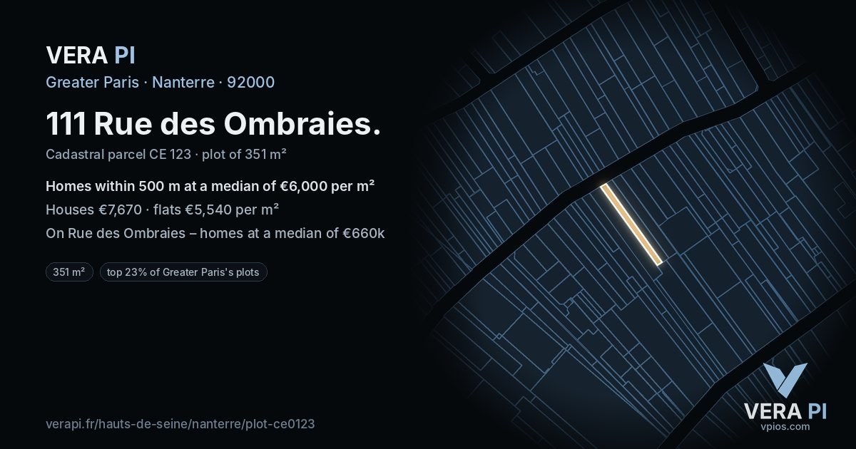 111 Rue des Ombraies, Nanterre at night – the plot lit, the parcels around coloured by the prices near them