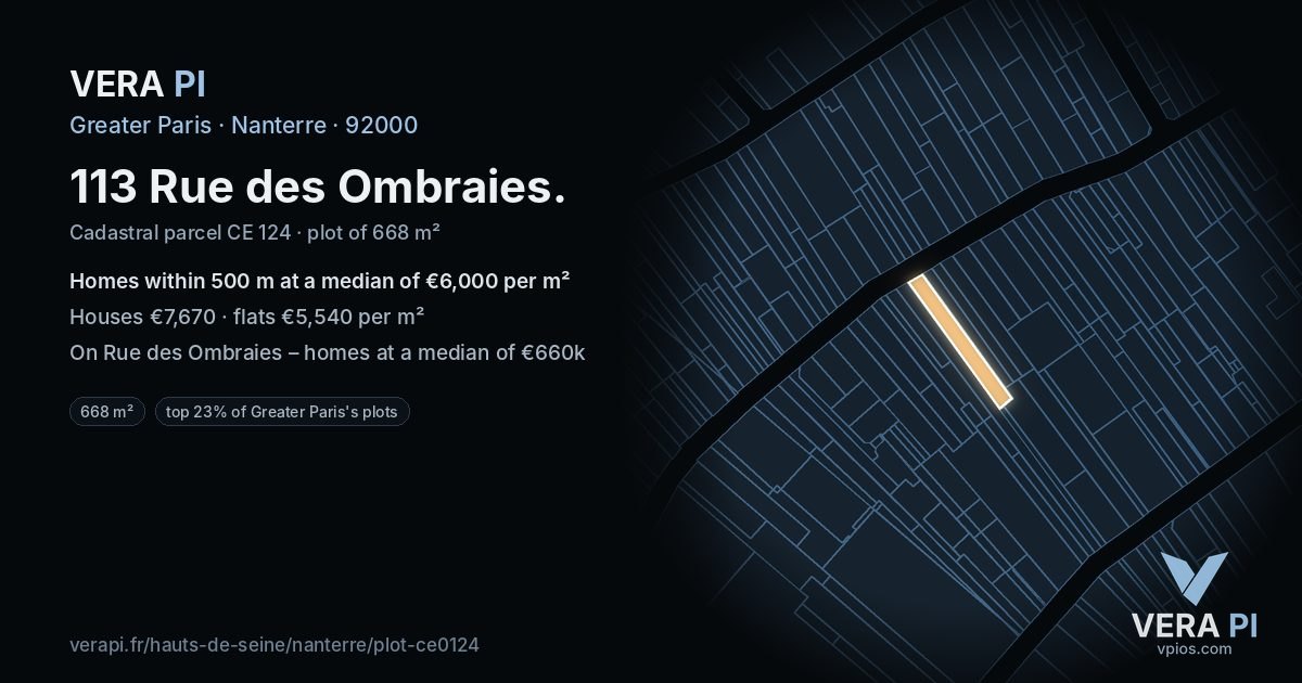 113 Rue des Ombraies, Nanterre at night – the plot lit, the parcels around coloured by the prices near them