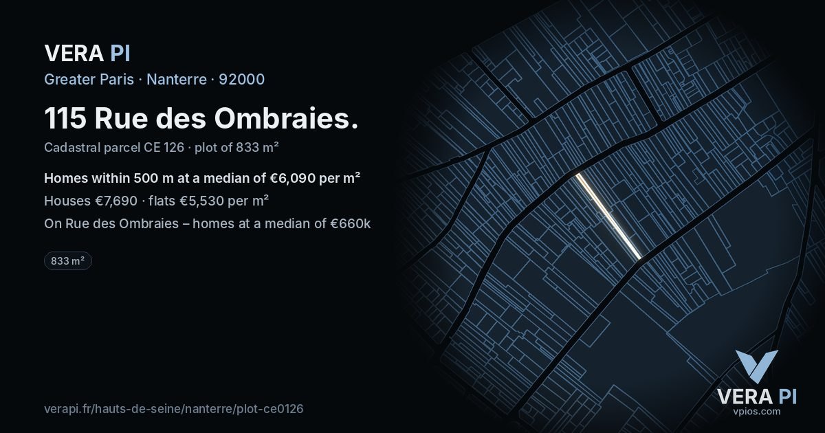 115 Rue des Ombraies, Nanterre at night – the plot lit, the parcels around coloured by the prices near them