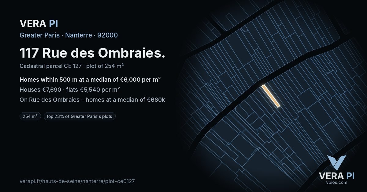 117 Rue des Ombraies, Nanterre at night – the plot lit, the parcels around coloured by the prices near them