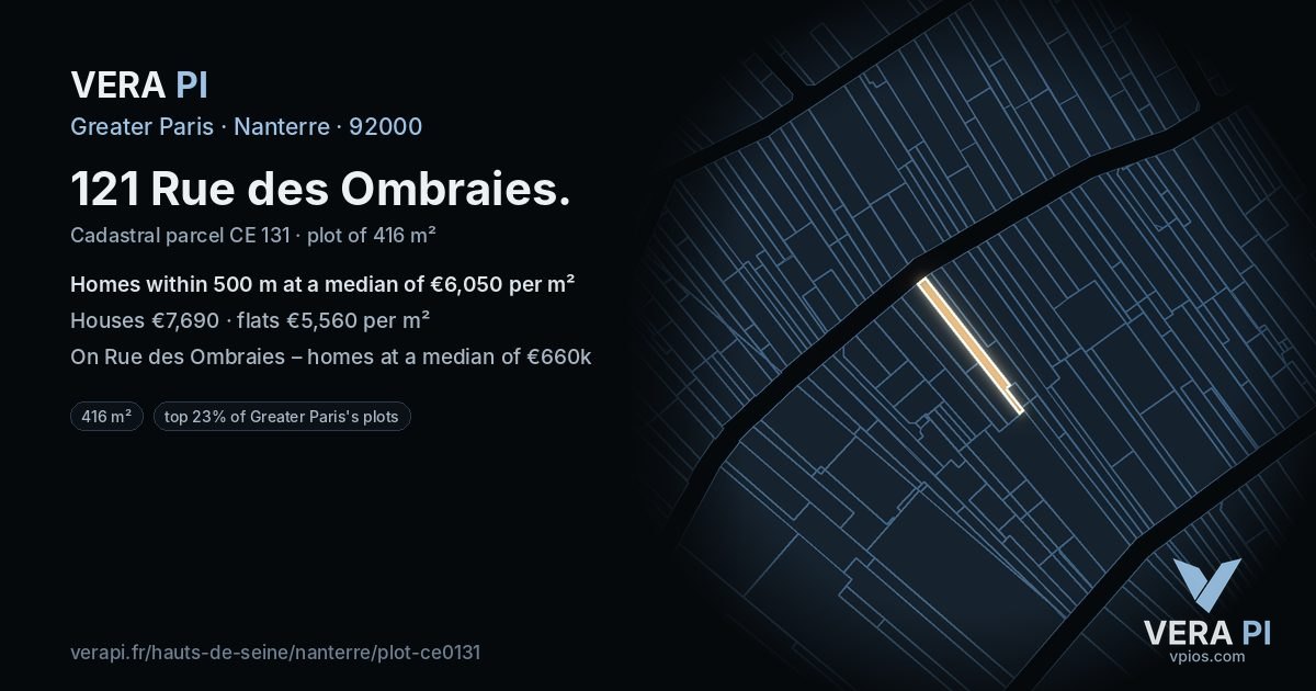 121 Rue des Ombraies, Nanterre at night – the plot lit, the parcels around coloured by the prices near them