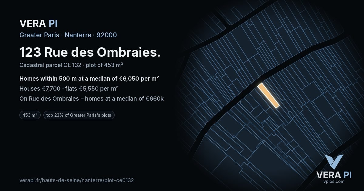 123 Rue des Ombraies, Nanterre at night – the plot lit, the parcels around coloured by the prices near them