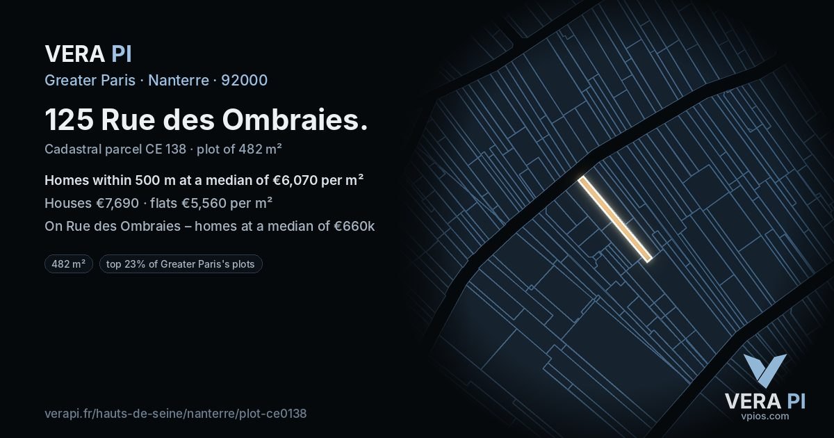 125 Rue des Ombraies, Nanterre at night – the plot lit, the parcels around coloured by the prices near them