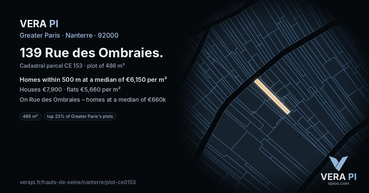 139 Rue des Ombraies, Nanterre at night – the plot lit, the parcels around coloured by the prices near them