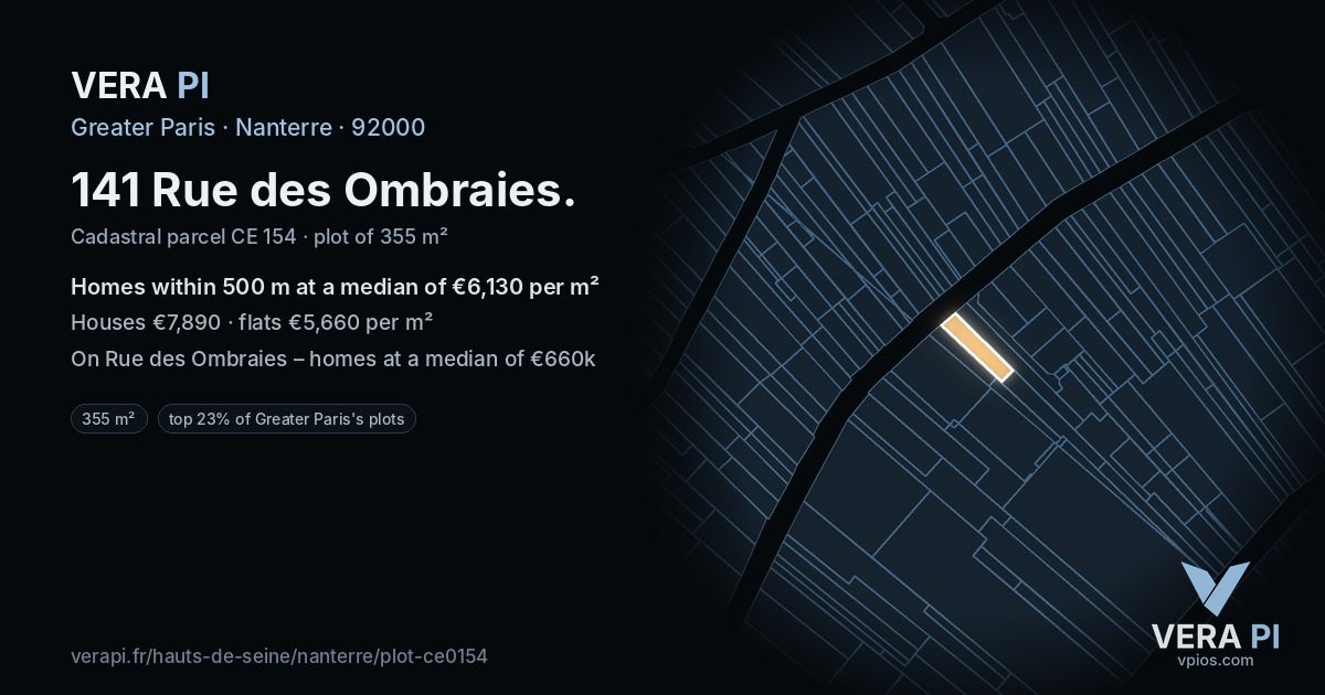 141 Rue des Ombraies, Nanterre at night – the plot lit, the parcels around coloured by the prices near them