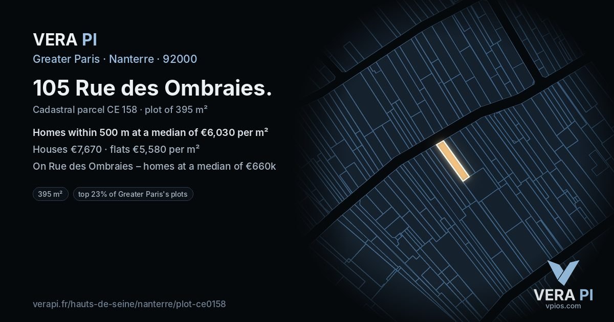 105 Rue des Ombraies, Nanterre at night – the plot lit, the parcels around coloured by the prices near them