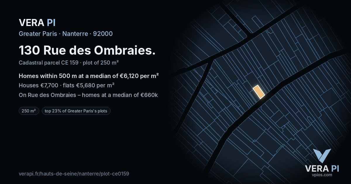 130 Rue des Ombraies, Nanterre at night – the plot lit, the parcels around coloured by the prices near them