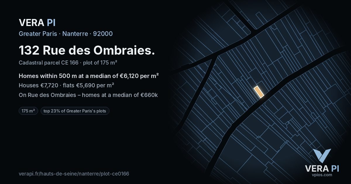 132 Rue des Ombraies, Nanterre at night – the plot lit, the parcels around coloured by the prices near them