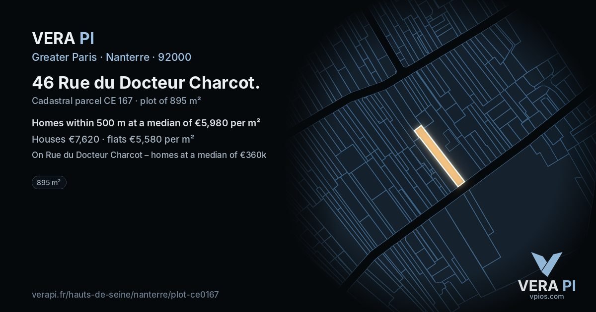 46 Rue du Docteur Charcot, Nanterre at night – the plot lit, the parcels around coloured by the prices near them