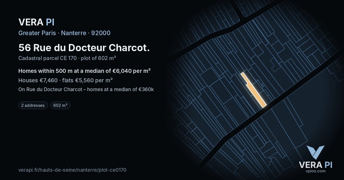 56 Rue du Docteur Charcot, Nanterre at night – the plot lit, the parcels around coloured by the prices near them
