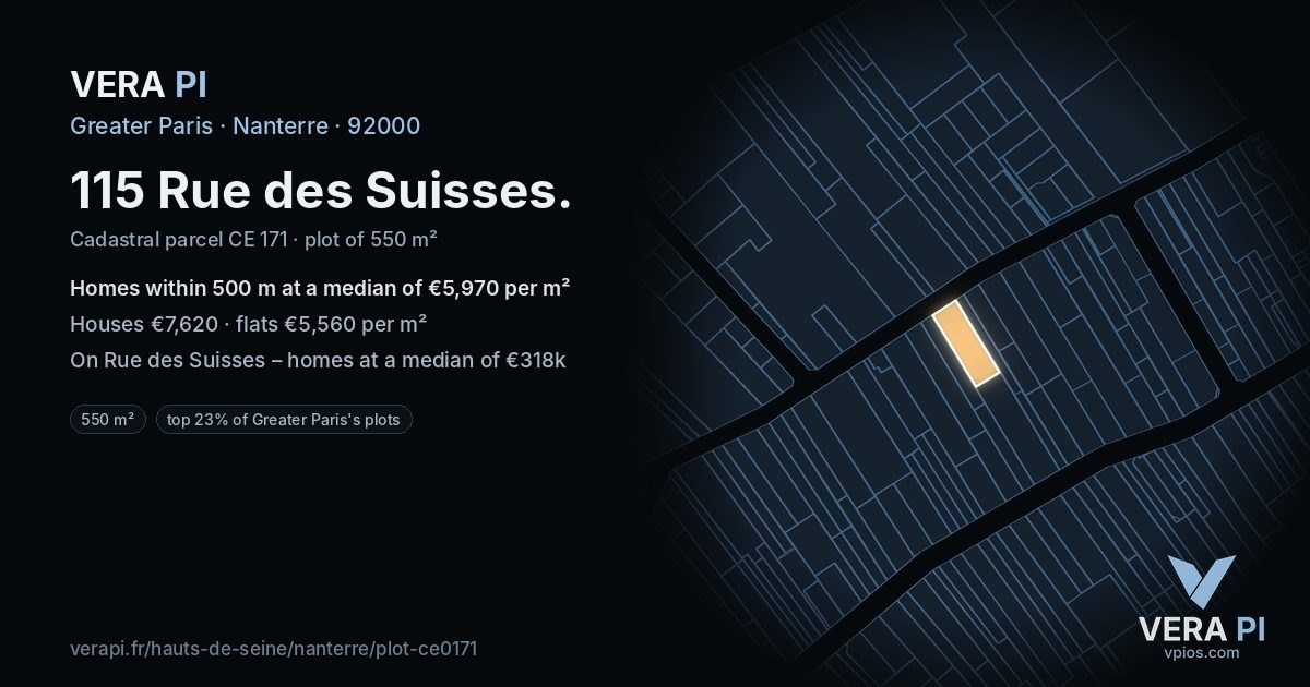 115 Rue des Suisses, Nanterre at night – the plot lit, the parcels around coloured by the prices near them