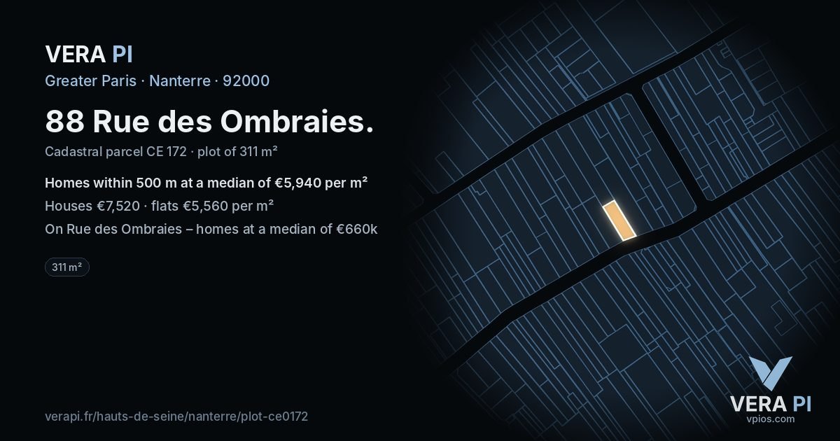 88 Rue des Ombraies, Nanterre at night – the plot lit, the parcels around coloured by the prices near them
