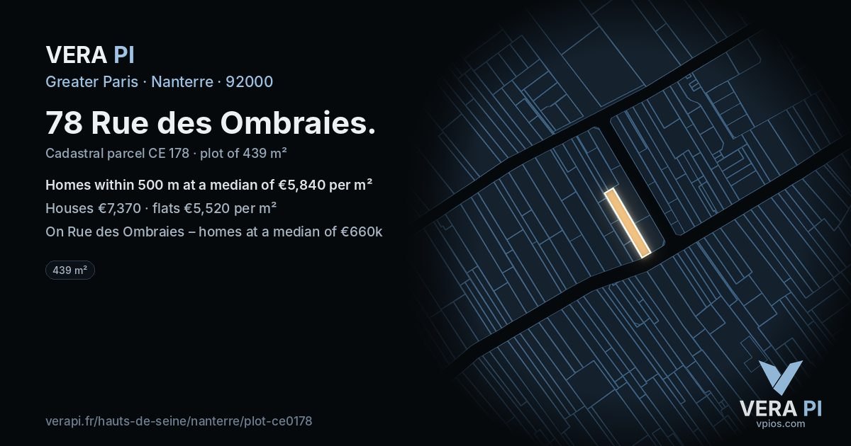 78 Rue des Ombraies, Nanterre at night – the plot lit, the parcels around coloured by the prices near them