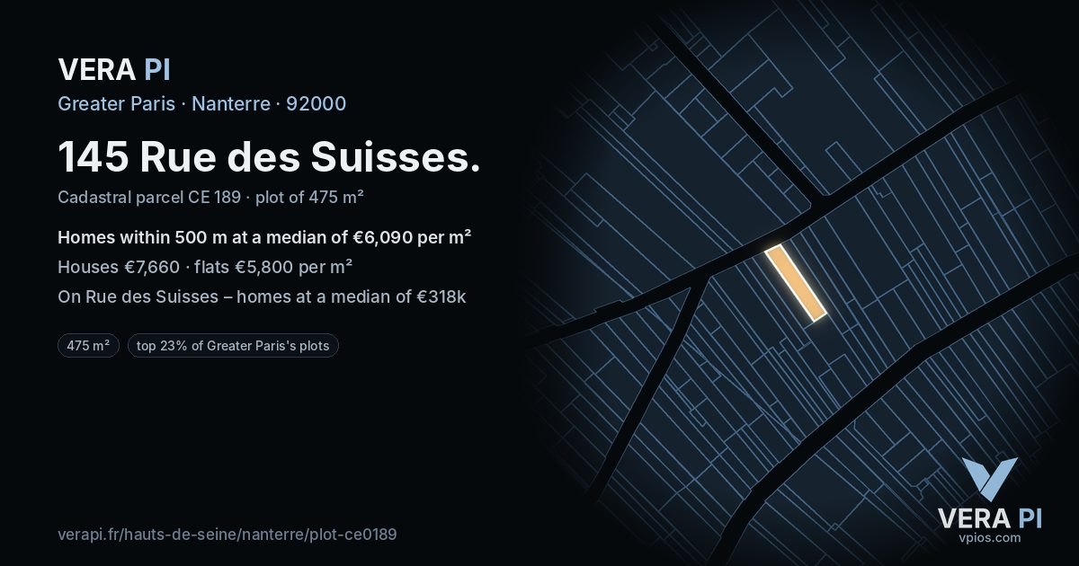 145 Rue des Suisses, Nanterre at night – the plot lit, the parcels around coloured by the prices near them