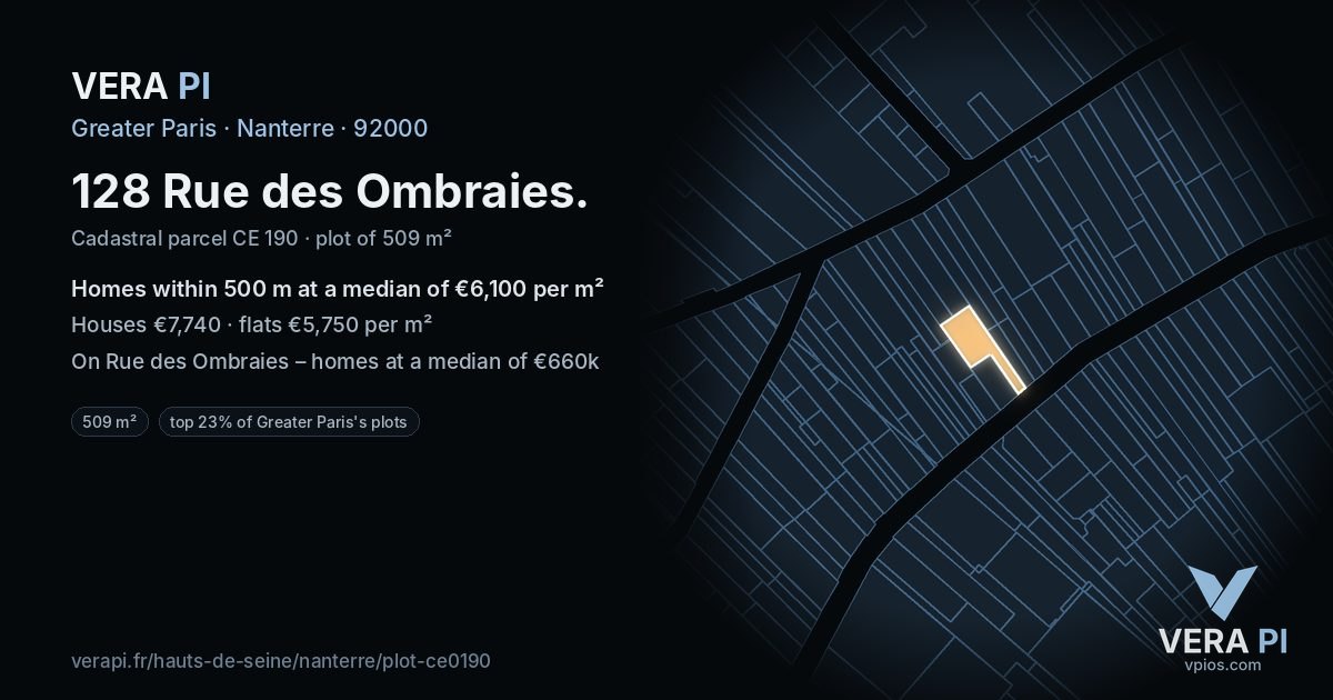 128 Rue des Ombraies, Nanterre at night – the plot lit, the parcels around coloured by the prices near them