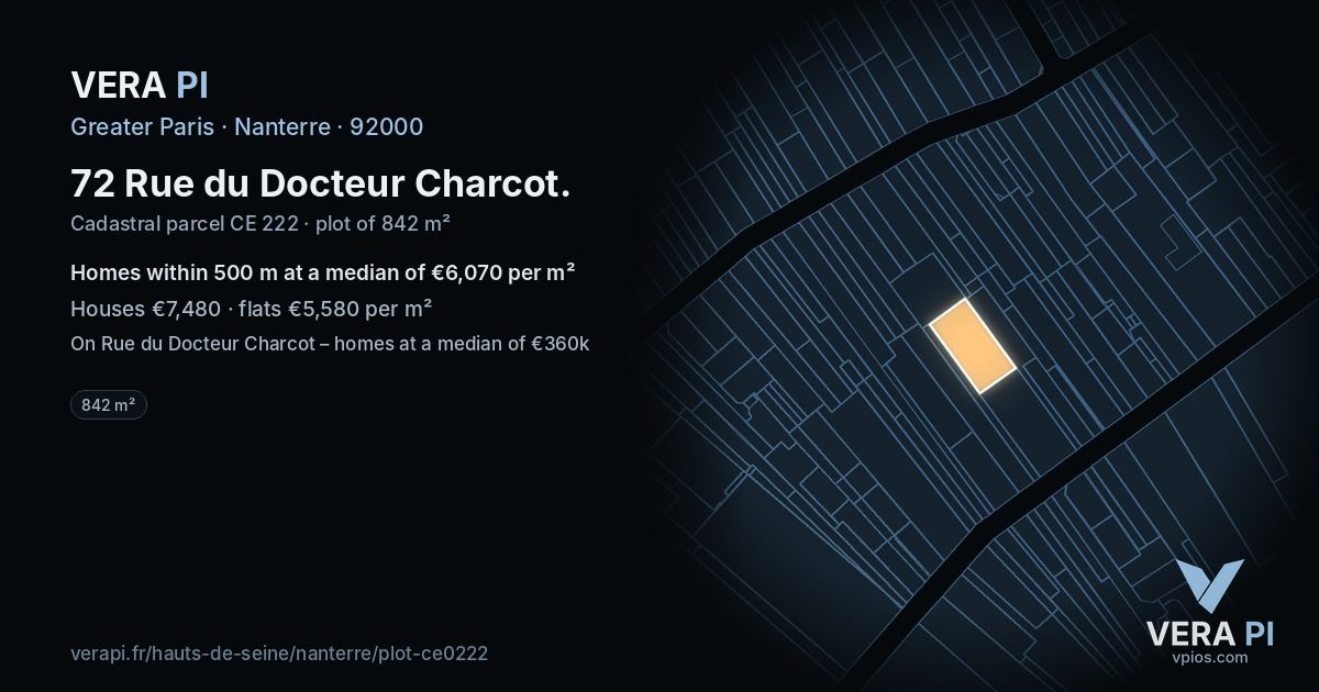 72 Rue du Docteur Charcot, Nanterre at night – the plot lit, the parcels around coloured by the prices near them