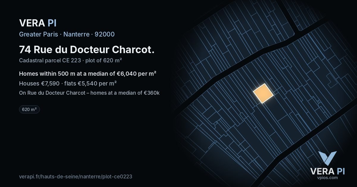 74 Rue du Docteur Charcot, Nanterre at night – the plot lit, the parcels around coloured by the prices near them