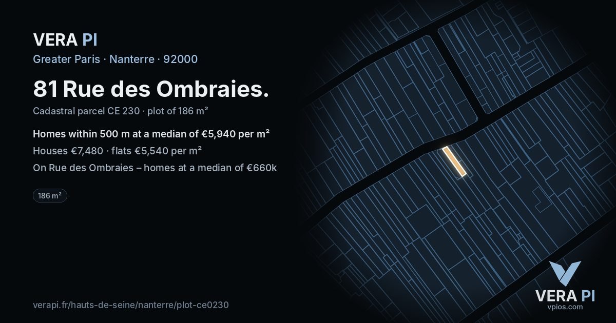 81 Rue des Ombraies, Nanterre at night – the plot lit, the parcels around coloured by the prices near them